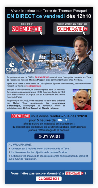 Proposition pour suivre en live le retour de Thomas Pesquet sur Terre